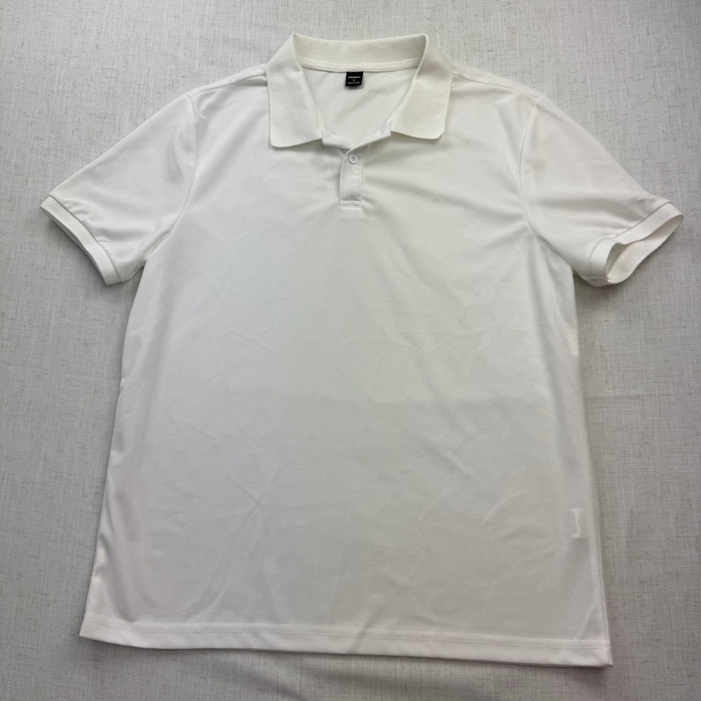 Manfinity Mens White Short Sleeve Polo Shirt Size L Polyester Pique Golf Top